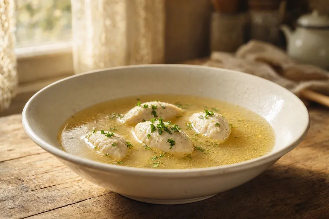 Small veal and Parmesan quenelles floating in a bowl of hot clear broth