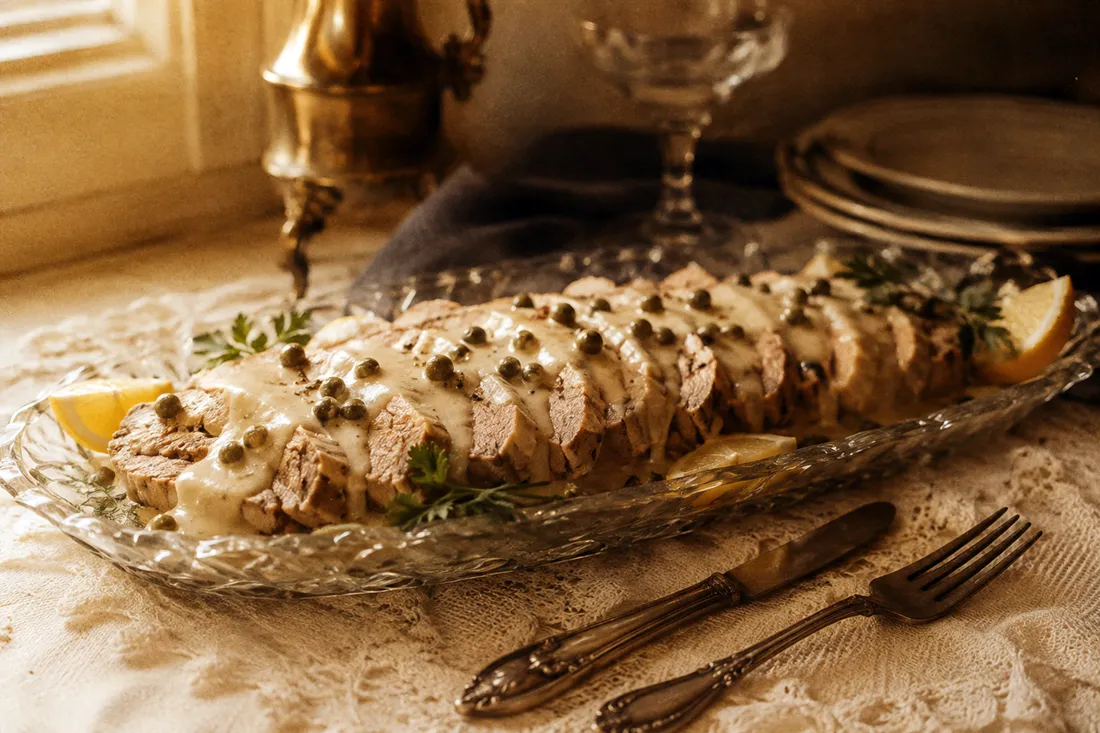 Sliced veal and pork pate on a glass platter, topped with sardine-egg dressing