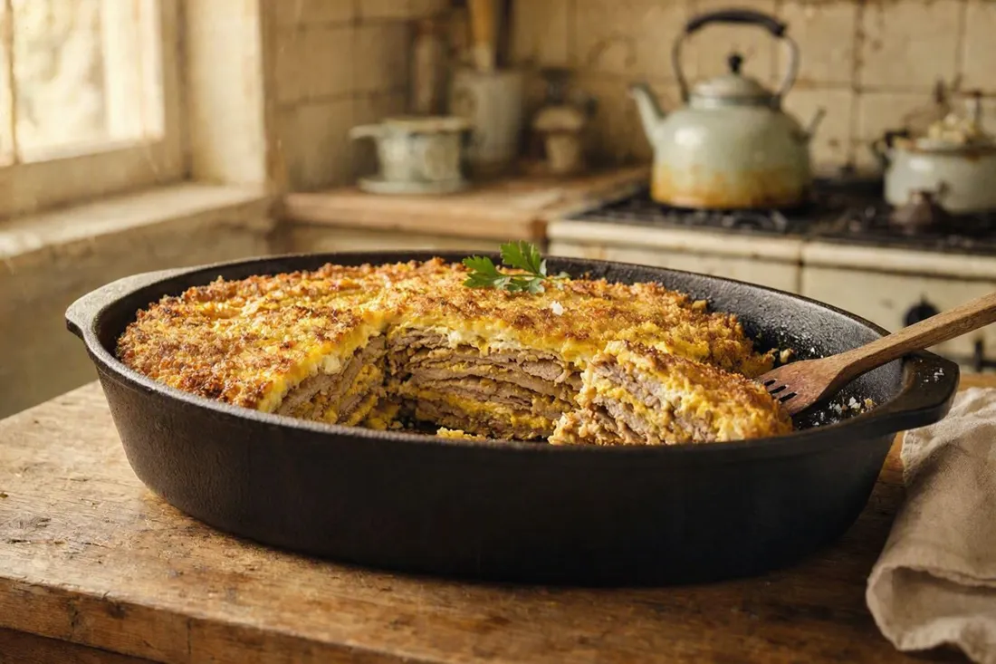 Layered baked veal schnitzels with set egg and a golden sour cream topping, in an oven-safe baking dish