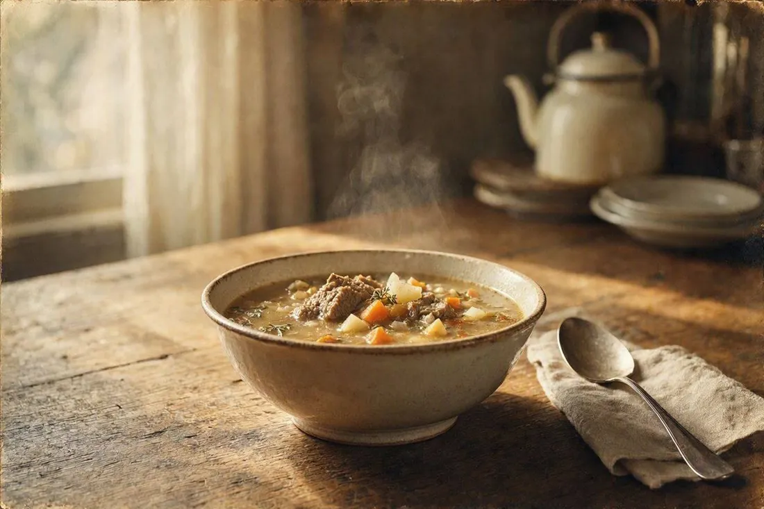 Veal soup with root vegetables, thickened with roux and egg-buttermilk enrichment