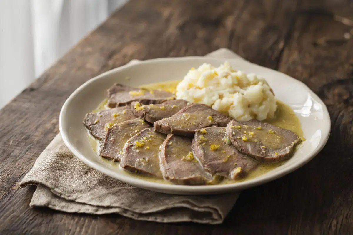 Sliced veal tongue in a deep bowl, coated in a pale golden anchovy-butter sauce with visible lemon zest