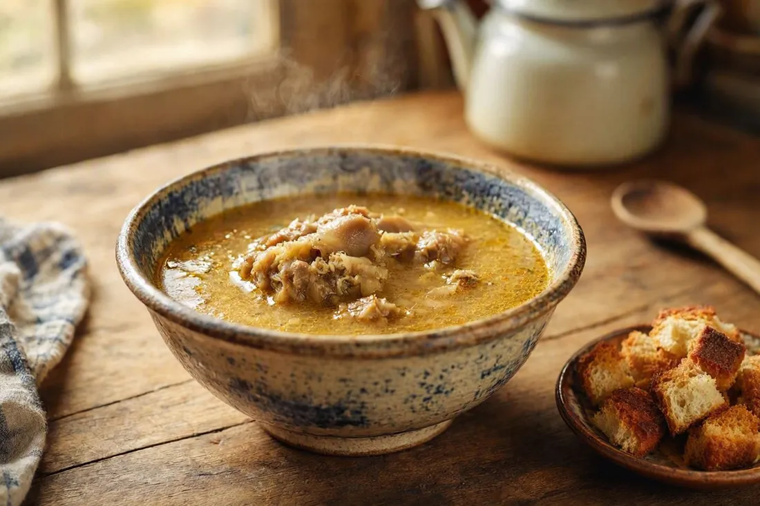 A bowl of rich veal trotter soup with toasted bread cubes on the side
