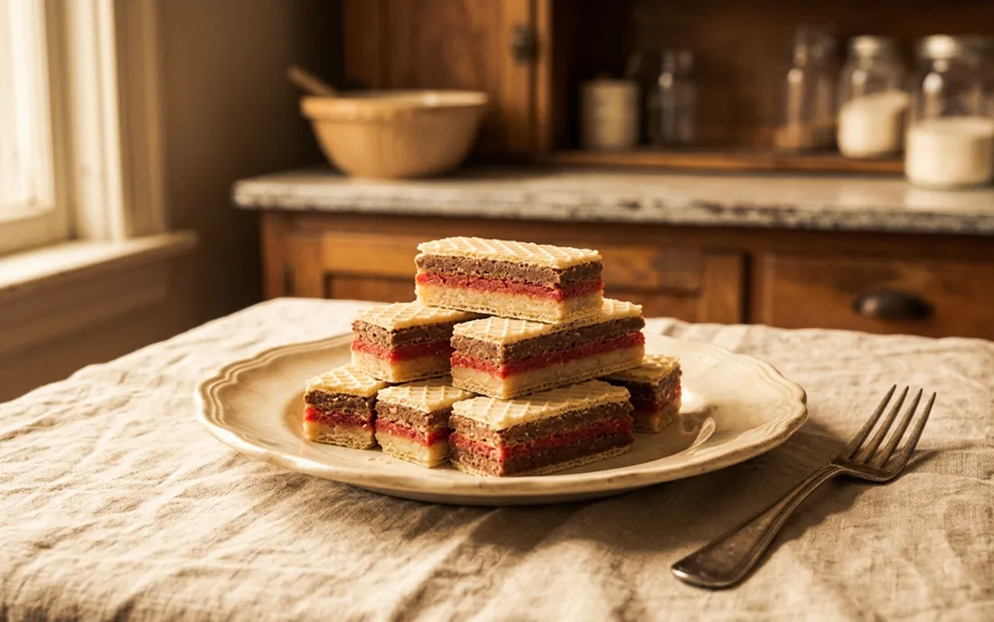 Sliced three-layer almond wafer bars showing brown, red, and white almond paste layers between wafer sheets