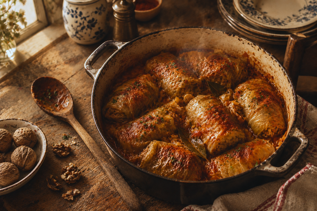 Vegan cabbage rolls simmering in a pot with paprika-flecked sauce