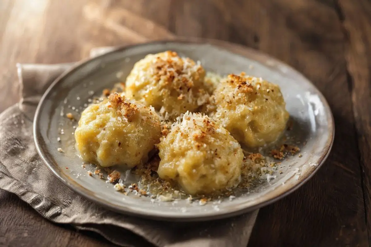 A rustic ceramic plate of pale golden vegetable dumplings glistening with toasted breadcrumb butter, dusted with grated hard cheese, on a dark oak table.