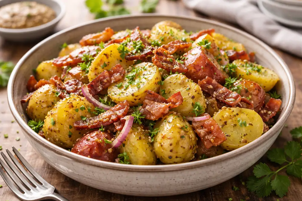 Warm potato salad with bacon and mustard vinaigrette in a ceramic bowl, garnished with fresh parsley