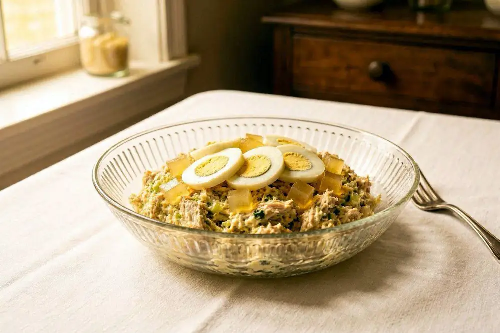 A glass serving bowl of chicken salad with mayonnaise, garnished with sliced hard-boiled eggs and golden aspic pieces on a linen tablecloth