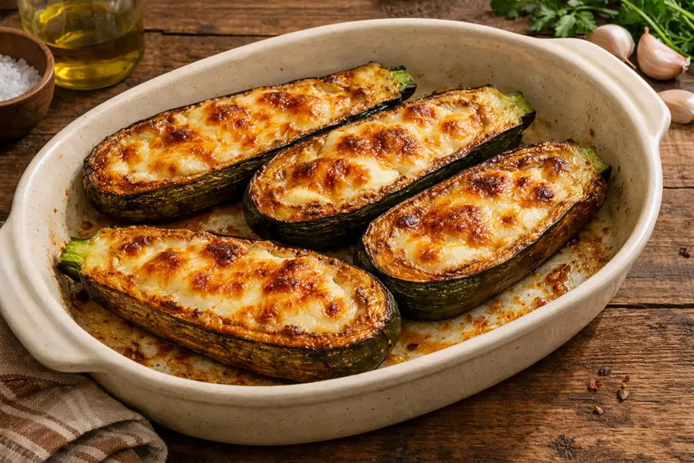 Four baked stuffed zucchini arranged in a vintage ceramic baking dish, golden cheese filling visible at the seam, garnished with parsley